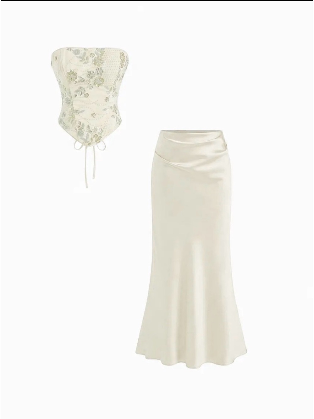Strapless Floral Corset Top and Satin Maxi Skirt Set - Cream - CIDER